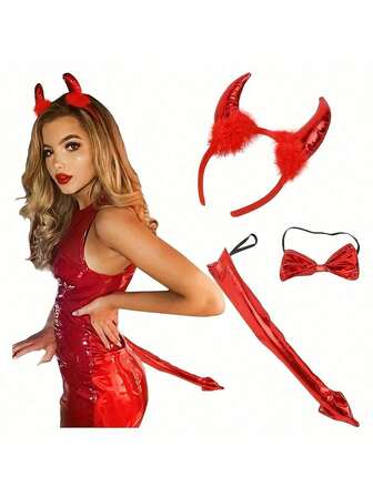Set de 3 piezas de diadema con cuernos de diablo para Halloween, que incluye una diadema con cuernos de diablo, un moño y una cola, una diadema con cuernos de diablo, una diadema con plumas falsas y una cola de diablo para Halloween. Estos son accesorios de disfraz y decoraciones para fiestas festivas.