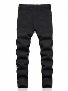 Teen Boy Casual Street Slogan Cartoon Bear Print Skinny Jeans - Black - View 2