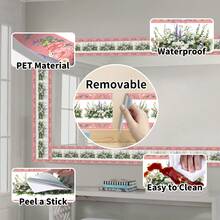 1 rollo de cenefa autoadhesiva con estampado floral rosa y azul - 4.72 X 196.85 pulgadas, decoración de pared resistente al agua y a la humedad, removible y personalizable, adecuada para baño, cocina, sala de estar, dormitorio, encimera y decoración de pared de gabinete - fácil de aplicar y quitar, material de respaldo de lámina de aluminio, cenefa de papel tapiz para zócalo de decoración del hogar.