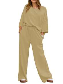 Fisoew Women Two Piece Lounge Set Casual 34 Sleeve Tunic Top And Wide Leg Pants Cozy Fall Outfits Y2K Matching Sets Soft Travel Loungewear Breathable Jogger Suit - Light Brown - 查看 3
