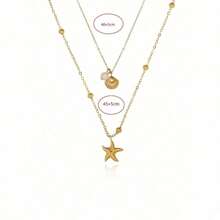1pc Ins Inspired Sea-Themed Double Layer Necklace  Gold Plated Stainless Steel Shell & Starfish Pendant, Waterproof Dainty Layering Jewelry For Women, Perfect For Beach Getaways & Daily Wear,  Light Luxury Accessory, Ideal Gift - 彩色 - 查看 2