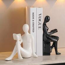 Ceramic Abstract Figure Bookends – Modern Minimalist Creative Bookcase Ornaments, Book Leaning Holders For Home Office & Living Room Decoration, Stylish Bookends - 黑與白 - 查看 2
