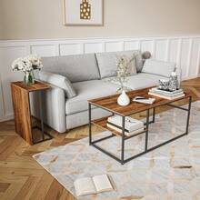 Mesa de centro de dos piezas, mesa auxiliar, aspecto mármol, estructura y estante de metal, mesa de centro, mesa de sala de estar, mesa de sofá, adecuada para sala de estar, dormitorio, madera y negro - Madera y negro - Ver 5