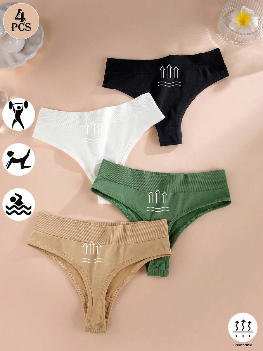4pcs Women High Waist Seamless Thong Panties, Soft Invisible Everyday Underwear - Multicolor - View 1