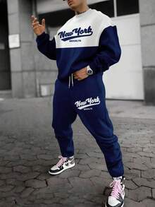 男士休闲运动风落肩圆领运动衫和裤子套装，秋季服装 - 彩色 - 查看 1