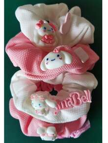 Sanrio 4pcs Sanrio Cartoon Cute Kuromi & Pompompurin Plush Hair Scrunchies, Versatile & Adorable Hair Accessories, Won't Damage Hair, Suitable For Bathroom, Outdoor, Gifts For Friends & Sisters