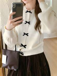 少女系列可爱早春新年蝴蝶结装饰外套灯笼袖长袖上衣秋冬早春搭配短裙小鞋子约会游乐园参观返校节 - 乳白色 - 查看 5