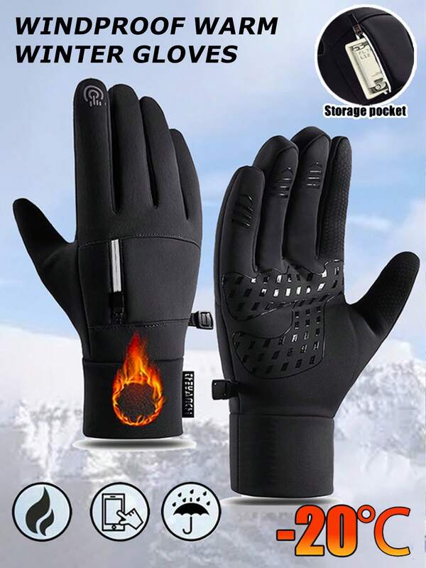 Guantes de invierno cálidos con bolsillo de almacenamiento, guantes táctiles a prueba de viento para deportes, ciclismo, esquí, senderismo