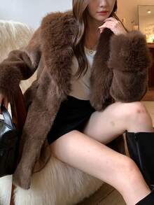 女士纯色长袖仿毛领系腰圣诞外套休闲冬季 - 咖啡棕 - 查看 5