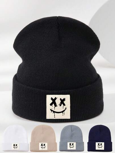 1pc Unisex Graffiti Smiling Face Graphic Print Solid Color Stretchy Soft Comfortable Thin Beanie Hat, Casual Outdoor Fashion, Suitable For Daily Use And Gift, Autumn/Winter Autumn Outfits