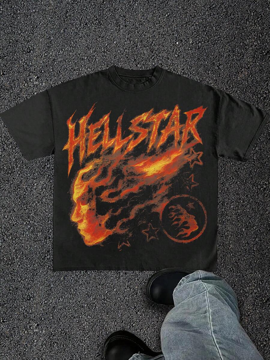 Flame Face Combined With Stars Creative All-Matching Street Print Pattern Personality Design(220g Cotton T-Shirt) 100% Cotton Fabric-Simple And Versatile Round Neck Breathable Short Sleeve, Summer Men's Shirt, Breathable Cotton, Suitable For Outdoor Leisure Activities. - 黑色 - 查看 1