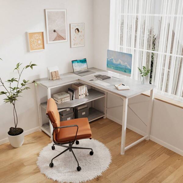 Scrivania a L Gunji da 110 cm, postazione di lavoro angolare reversibile per PC con ripiani e ganci per ufficio e camera da letto