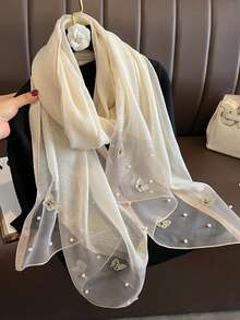 1pc Bohemian Style Elegant Floral Embroidered Silk Scarf, Casual Business Shawl, Suitable For Daily Wear