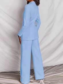 Women's Solid Color Lapel NeckLong Sleeve Single-Breasted Blazer And Pants Casual Suit, Autumn Spring - Baby Blue - View 5
