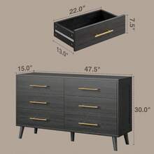 Cómoda de 6 cajones con tiradores de metal almacenamiento dormitorio sala entrada diseño moderno espaciosa organización eficiente resistente fácil montar - Negro - Ver 2