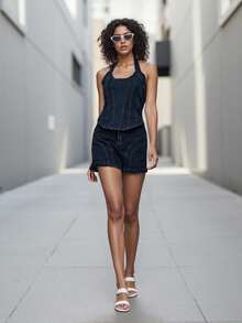 Women's 2 Piece Denim Outfits Solid Color Sleeveless Halter Neck Tank Tops Shorts Sets - Azul oscuro - Ver 3