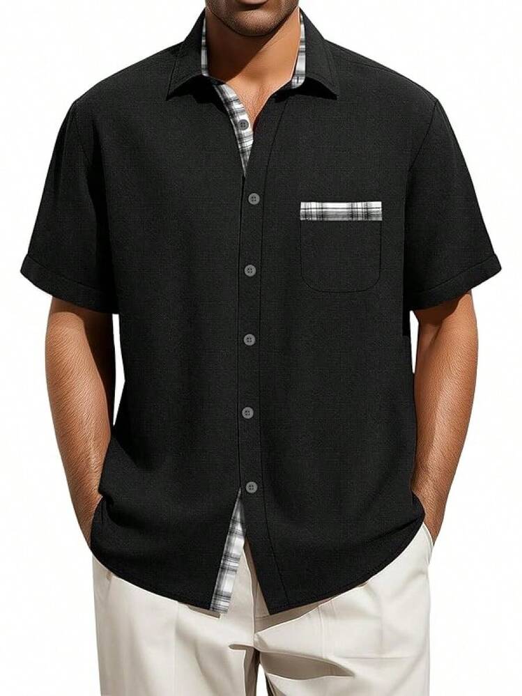 Men's Big And Tall Linen Shirts, Button Down Short Sleeve Summer Shirt Casual Cotton Beach Vacation Tops With Pockethalloween - 黑色 - 查看 1