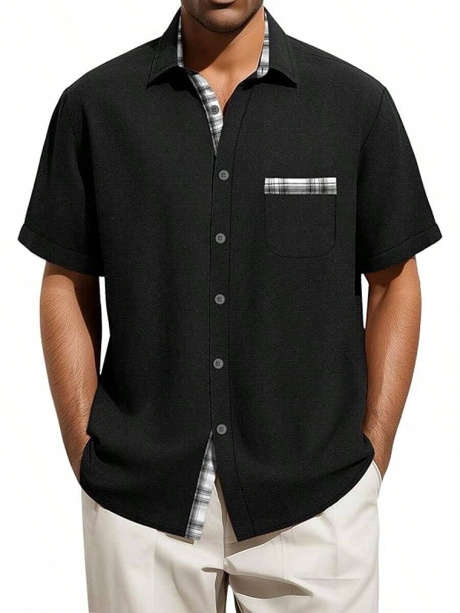 Men's Big And Tall Linen Shirts, Button Down Short Sleeve Summer Shirt Casual Cotton Beach Vacation Tops With Pockethalloween - 黑色 - 查看 1