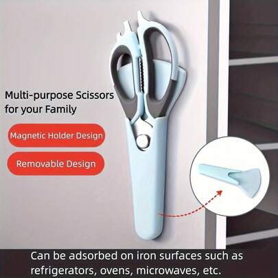 7-In-1 Multifunctional Kitchen Scissors With Magnetic Holder - Detachable Stainless Steel Food Scissors For Meat, Fish, Poultry, Ergonomic Handles, Pastel Pink & Light Blue, Compact Storage Design