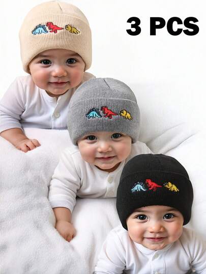 3pcs Baby Dinosaur Embroidery Beanie Hat, Infant Newborn Toddler Winter Warm Knit Cap For Little Boys Girls, Winter Warm Hat