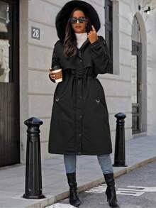 Áo khoác nữ Giolshon thanh lịch và thời trang, với túi tiện dụng và lớp lót lông giả, kiểu áo parka, sự lựa chọn lý tưởng cho mùa thu và mùa đông. - màu đen - Xem 1