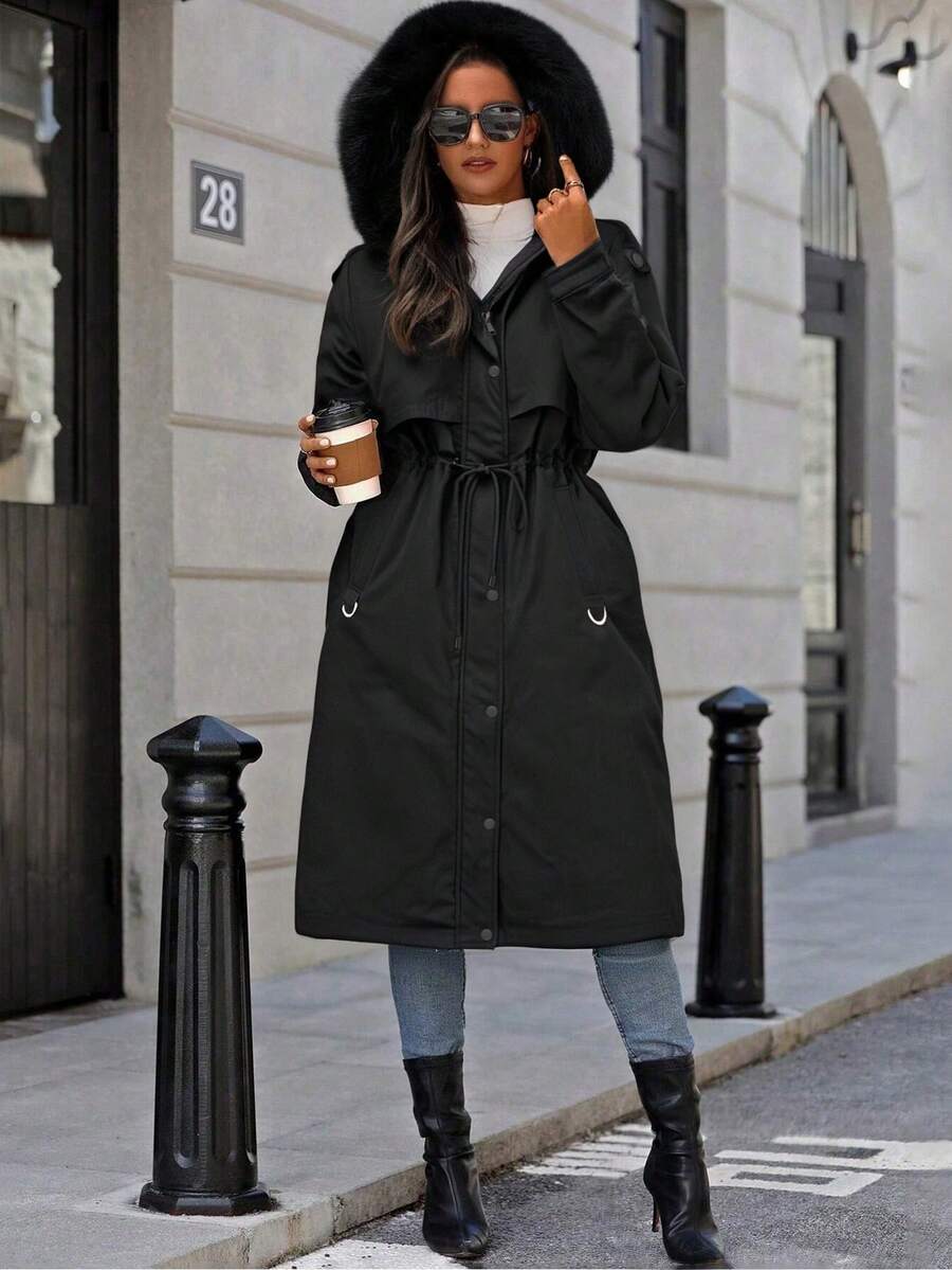 Áo khoác nữ Giolshon thanh lịch và thời trang, với túi tiện dụng và lớp lót lông giả, kiểu áo parka, sự lựa chọn lý tưởng cho mùa thu và mùa đông. - màu đen - Xem 1