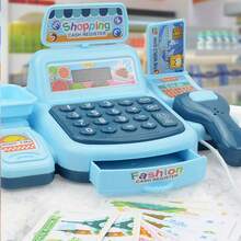 Tecforood 1 Mini Simulated Cash Register Toy With Light Blue As The Main Color And Printed With Cute Patterns Such As Fruits. It Has A Cute Supermarket Style, High-Quality Plastic Material, And Restores The Shape Of A Real Cash Register (Including Rich Details Such As Calculator And Card Reader), The Basic Model Has No Sound Function