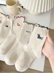 5 Pairs Lace Trim Cartoon Puppy Ruffle Ankle Socks, Random Assorted Delivery - Multicolor - View 3