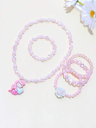 5 st/set smyckeset med sjöjungfru- och blommaberlocker för flickor - armband och halsband, lämplig för vardagsbruk, festivaler, födelsedagspresenter