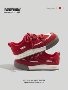 BEIER 女士皮革橡胶底休闲运动鞋，日常穿着，新款春秋款白色鞋子 - 紅色 - 查看 6