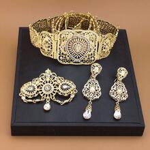 1 Set Elegante di Gioielli Medio Orientali Marocchini per Donna, Composto da Cintura in Vita, Orecchini e Spilla, Ciondolo a Goccia, Strass Colorati Intarsiati, Motivo Floreale Arabo Cavo, Adatto per Matrimoni Tradizionali e Festività