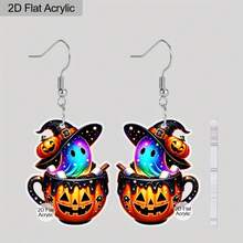 2D Flat - 1 Pair Gothic Y2K Style Earrings - Halloween Pumpkin Cup With Colorful Ghost Design, 304 Stainless Steel Mount, Suitable Daily Wear Or Giving, Halloween Jewelry