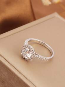 1枚铜银色经典四爪镶嵌圆形立方氧化锆开口戒指，奢华优雅简约设计，适合女性婚礼、派对、送给女友、妻子、订婚的礼物 - 鋼色 - 查看 3