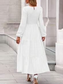 Womens Long Sleeve Fall Dresses Casual Crew Neck Smocked High Waist Tiered Flowy Maxi Dress With Pockets - 白色 - 查看 2