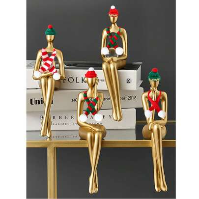 1pc/4pcs Gold Sitting Figurine Statue, Abstract Bookshelf Decor With Optional Santa Hat And Scarf, Holiday Living Room Desk Decoration Gift, Christmas Present