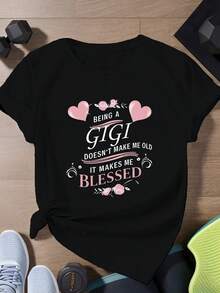 1pc Women's Plus SizePlus SizeBeing A Gigi Makes Me  Easter Earth Day Graphic T-Shirt - Black With Pink Hearts & Floral Print, Casual Short Sleeve Tee, Machine Washable Durable Y Top For Spring Summer Fall, Seasonal Fashion - màu đen - Xem 1