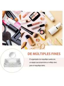Caja de almacenamiento de cosméticos blanca de 1 pieza, Caja de almacenamiento de cosméticos de dos capas, caja de almacenamiento de joyas, estante para el cuidado de la piel, tocador, caja de exhibición de cosméticos, tocador con espejo y cajón con forma de oreja de gato, espejo de maquillaje, puede almacenar productos para el cuidado de la piel, cosméticos, joyas, cuidado de uñas, lápiz labial, etc., adecuado para tocadores, vestidores y dormitorios - Blanco - Ver 4