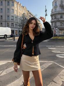 Áo khoác cardigan nữ dáng rộng màu trơn, thanh lịch, kiểu dáng đường phố, cài cúc kim loại, tay dài, cổ chữ V, cài một hàng khuy, màu trắng, thích hợp cho Ngày Valentine, sinh nhật, du lịch biển, hòa nhạc. - màu đen - Xem 4