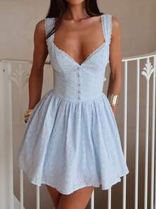 Women's Summer Mini Dress Stylish Solid Lace Trim Flower Embroidered Hollow Details Sleeveless V Neck A Line Dress - Màu xanh lam - Xem 5