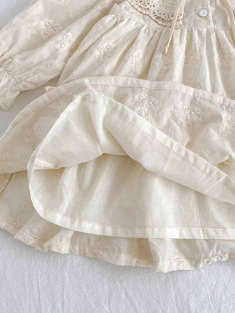 فستان أميرة مزين بالدانتيل للبنات، ربيع/خريف - لون مشمشي - مشاهدة 5