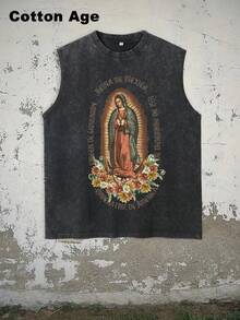 Vintage Men's Tank Top - Our Lady Of Guadalupe Print And Text - Perfect For Casual Wear - Autumn/Winter Layering Undershirt - Ideal Halloween/Christmas Gift Choice - 黑色 - 查看 1