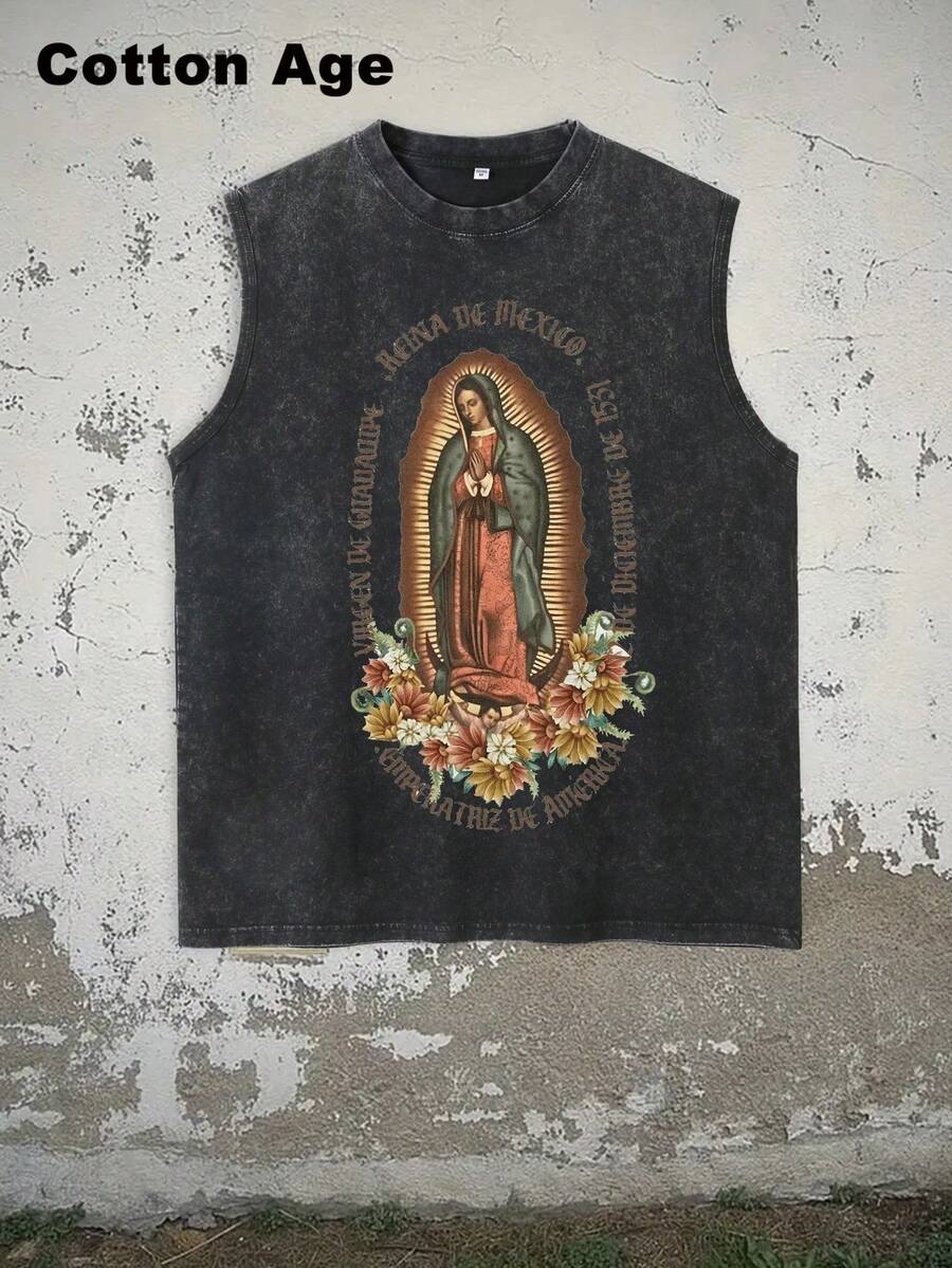 Vintage Men's Tank Top - Our Lady Of Guadalupe Print And Text - Perfect For Casual Wear - Autumn/Winter Layering Undershirt - Ideal Halloween/Christmas Gift Choice - 黑色 - 查看 1