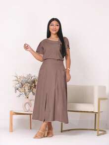 A-Line Midi Skirt Set With Pockets And Front Slit, Short Top With Buttons, Simple, Elegant Casual, Pocket, Wedding, Beach, Women's Fashion, Evangelical Fashion, Christian Fashion - 深棕色 - 查看 2