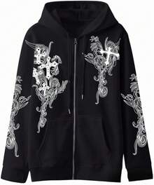 Women Men Y2K Zip Up Oversized Hoodie Gothic Graphic Emo Grunge Baggy Fleece 90s Punk Streetwear - 深灰色 - 查看 3