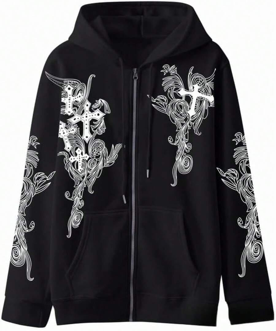 Women Men Y2K Zip Up Oversized Hoodie Gothic Graphic Emo Grunge Baggy Fleece 90s Punk Streetwear - 黑色 - 查看 1