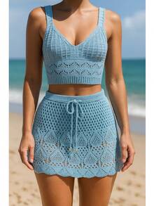Knitted Beach Cover-Up Set - Cropped Top And Summer Skirt - - Baby Blue - View 2