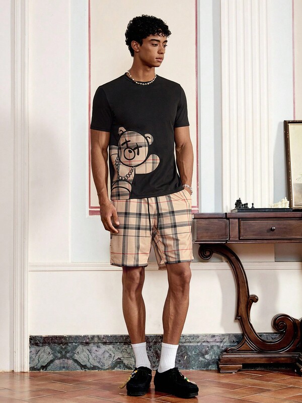 Men's Checkered Bear Print Short Sleeve T-Shirt And Drawstring Waist Shorts Set Summer Outfit, Streetwear Casual
