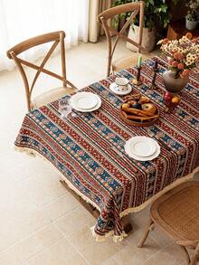 1 件波西米亚红色几何提花桌布，米色蕾丝花边装饰，适用于农舍厨房、餐厅、咖啡桌、床头柜、橱柜罩，适合晚餐、派对、生日、节日活动、所有季节、秋季 - 彩色 - 查看 5