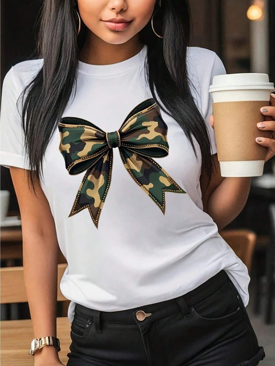 Women's Camo Bow Graphic Print T-Shirt, Short Sleeve Crew Neck Casual Top For Spring & Summer, Cotton, Green With Stylish Camouflage Pattern, Relaxed Fit Tee | Casual Chic Style | Machine WashTop - White - View 1