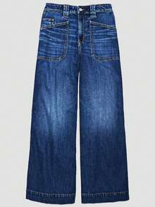 Women's Ombre Color Pocket Zipper Button Fly Wide Leg Jeans - Blue - View 5
